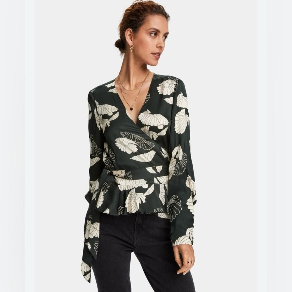 Scotch & Soda Satin Green And White Floral Wrap Blouse Size XS